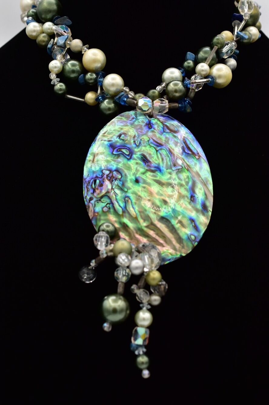 Vintage Statement Necklace Abalone Shell Crystal Beaded Chunky Gray White Bin1
